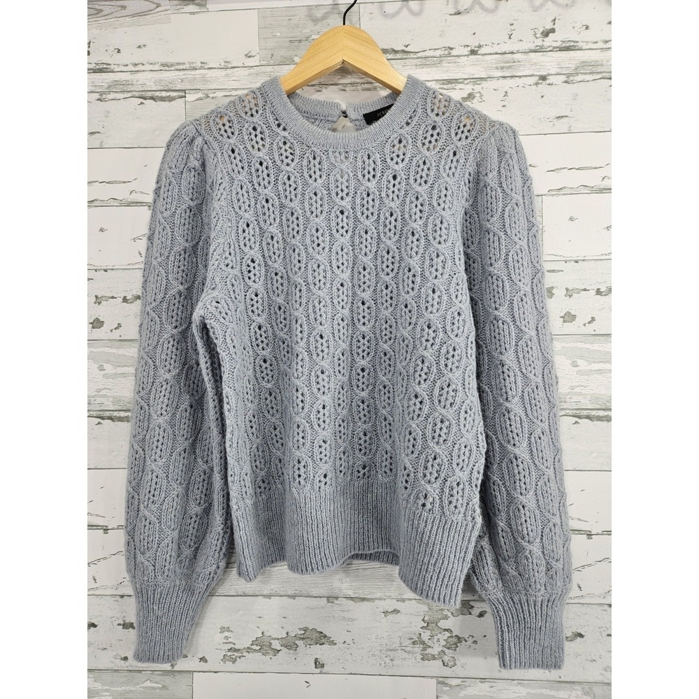 J.Crew Blue Pointelle Alpaca Wool Blend Puff Sleeve Keyhole Sweater Womens M
